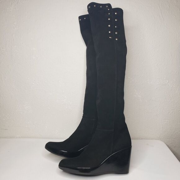 Stuart Weitzman Saratoga Over The Knee Black Suede Platform Wedge Boots Size 9 N - Picture 13 of 13